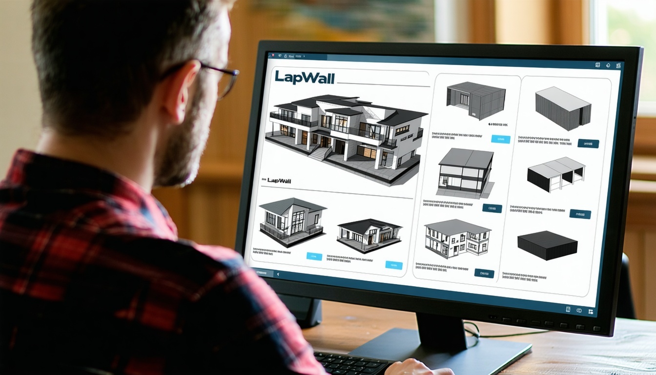 Rakennussuunnittelija tutkii LapWallin tuoteluetteloa tietokoneella